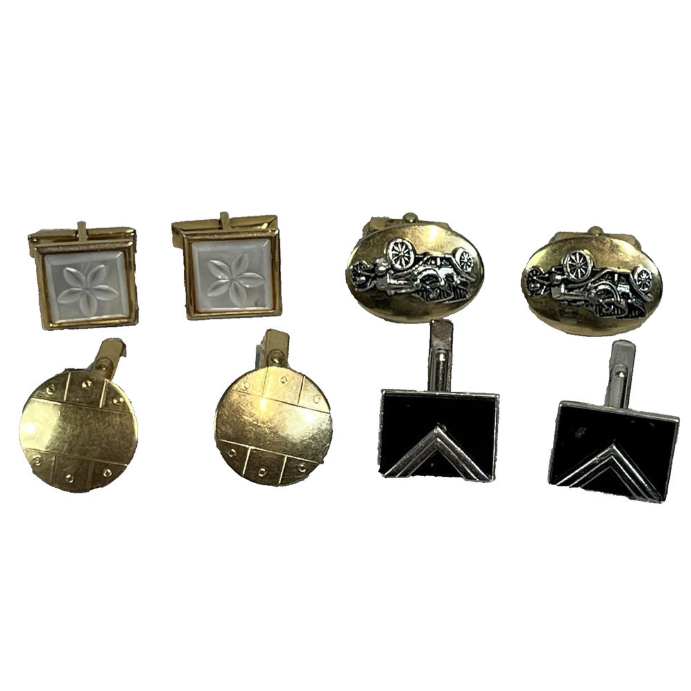 Vintage Set of 4 Mens Cufflinks Antique Cars Circles Mother of Pearl Gold Silver